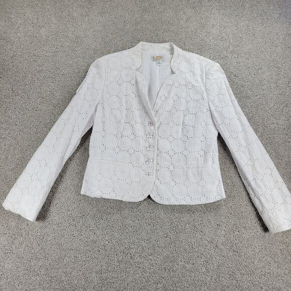 Talbots Womens Jacket 12 White Eyelet Stretch Lace Clear Button - Picture 1 of 15
